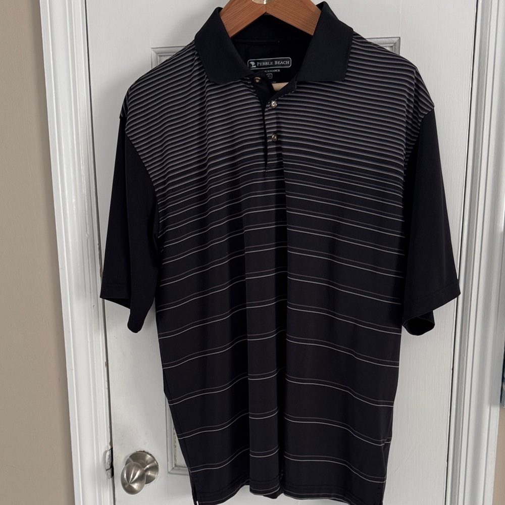 Pebble Beach Performance Black and Gray Striped Polo Shirt